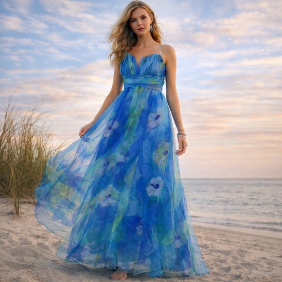 Unbranded Dresses & Skirts - Floral Maxi Dress Women Small? Blue Green Chiffon Floral Fairycore Beachy Whimsy